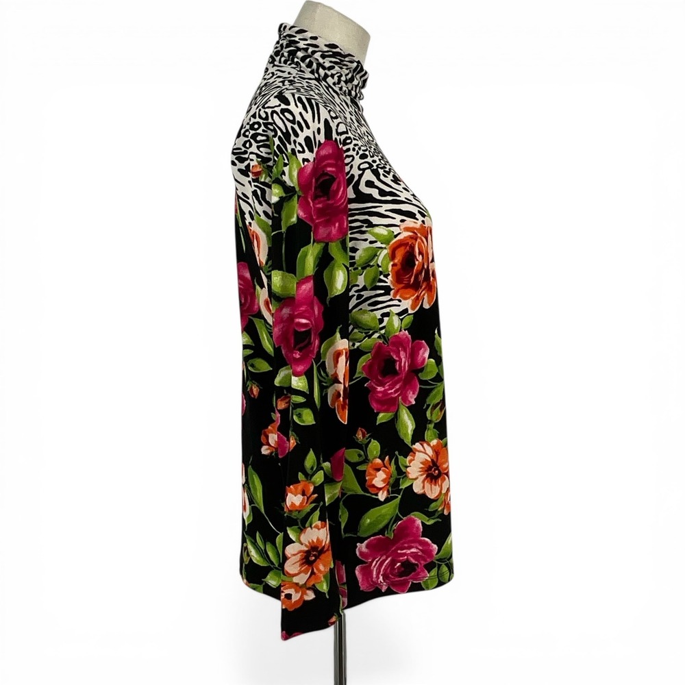 Susan Graver Liquid Knit Turtleneck Top XXS Colorful Animal Floral Print Black - Picture 5 of 10